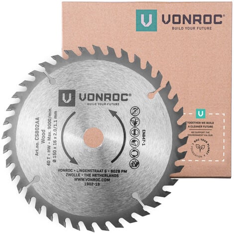 VONROC Hoja de sierra circular 150 x 16 x 2,0/1,1mm - 40 dientes - apta para madera - universal