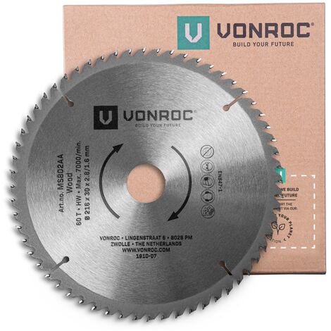 VONROC Hoja de sierra universal 216mm - 60 dientes - para madera - adecuada para ingletadoras y sierras de mesa.