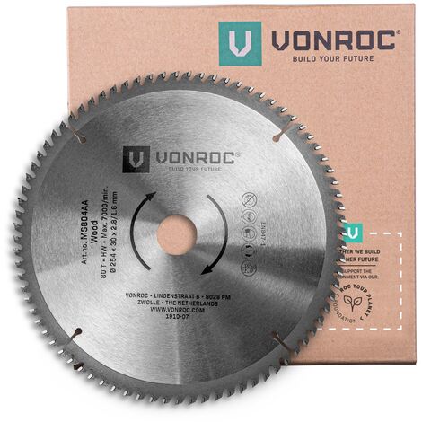 VONROC Hoja de sierra universal 254mm - 80 dientes - para madera - adecuada para ingletadoras y sierras de mesa.