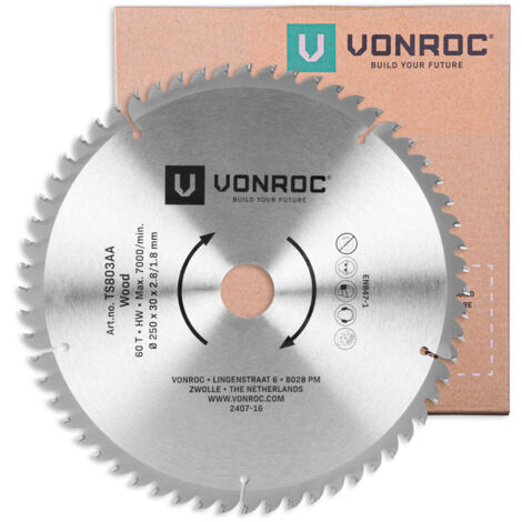 VONROC Lame de scie 60T - Ø 250 x 30 x 2,8/1,8 mm - Pour scies à table VONROC TS504AC, TS505AC et universelles