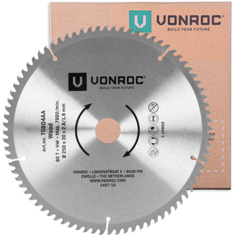 VONROC Lame de scie 80 dents - Ø 250 x 30 x 2,8/1,8 mm  pour scies à table VONROC TS504AC, TS505AC et universelles