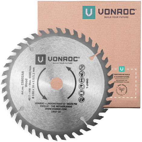 Vonroc – Lame de scie circulaire 150 mm – 40 dents pour bois dur – Épaisseur 1,1 mm – Coupe nette et précise – Compatible scies 115 mm