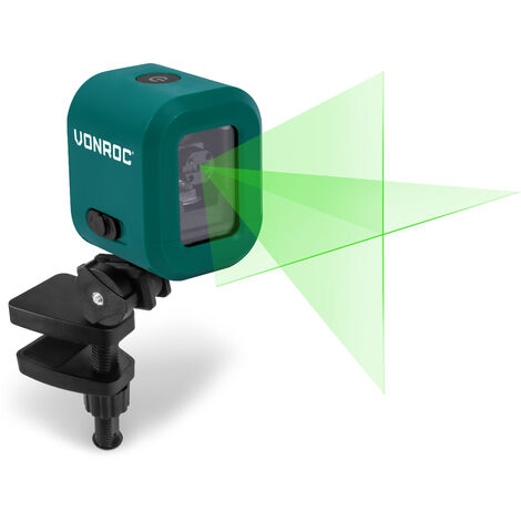 VONROC Láser de líneas cruzadas - Verde - 4V - 1800mAh - Autonivelante - Alcance de 18 metros - Incluye pinza, cable USB-C y bolsa de herramientas