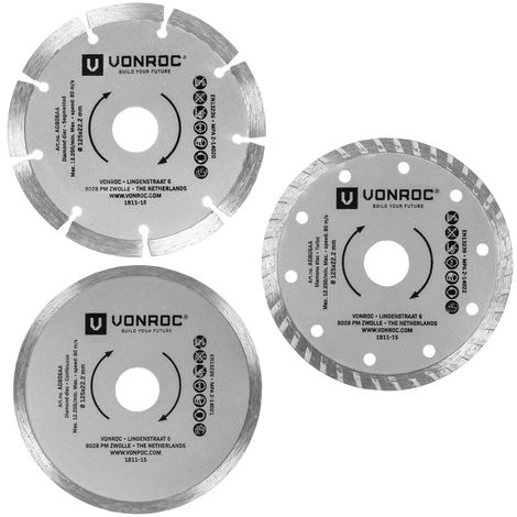 Lot de 3 Disques Diamant Universels 125 mm, Ø 125 x 1,2 x 22,2 mm - 3 pièces - Coupe Pierre, Béton et Céramique - Disques Universels pour Meuleuse d'Angle 125mm VONROC