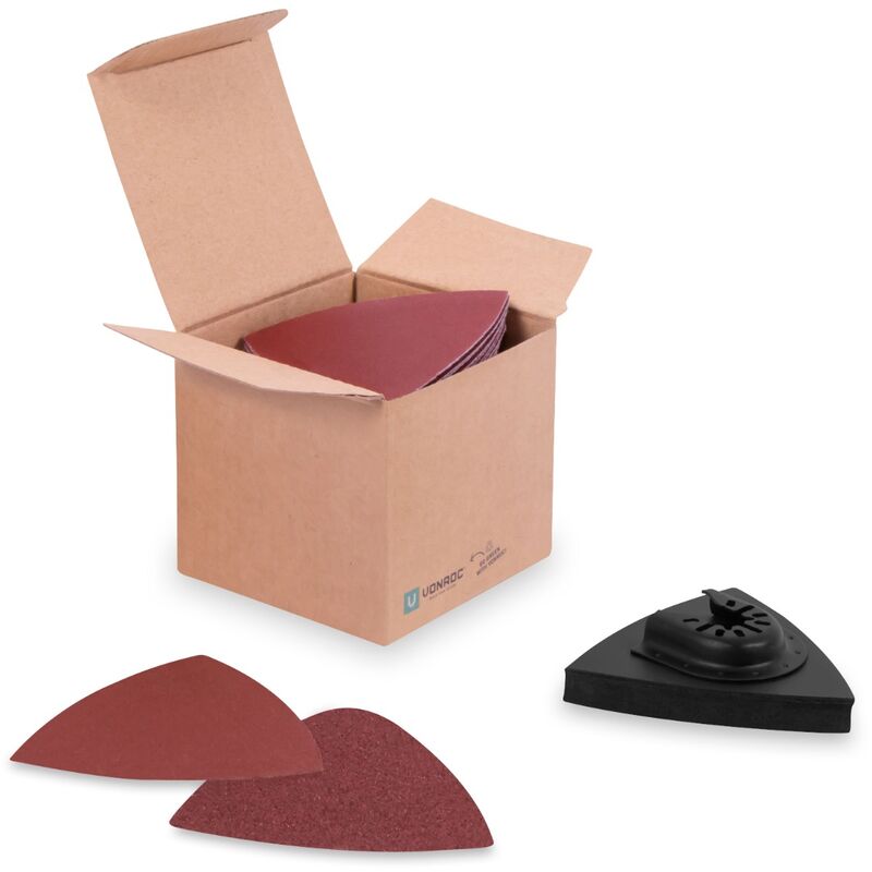 Vonroc - Lot de papier abrasif et patin triangulaire - 80/82mm - 50 feuilles, grain 60, 80, 100, 120 et 140 - Universel