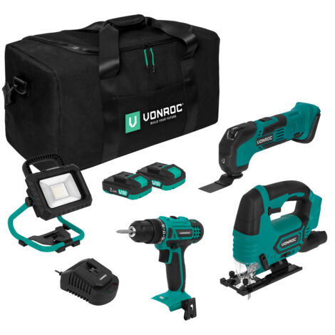 Vonroc – Pack d'outils électroportatifs 20V – Perceuse-visseuse, scie sauteuse, outil multifonction, lampe LED – 2 batteries 2.0Ah et chargeur rapide inclus