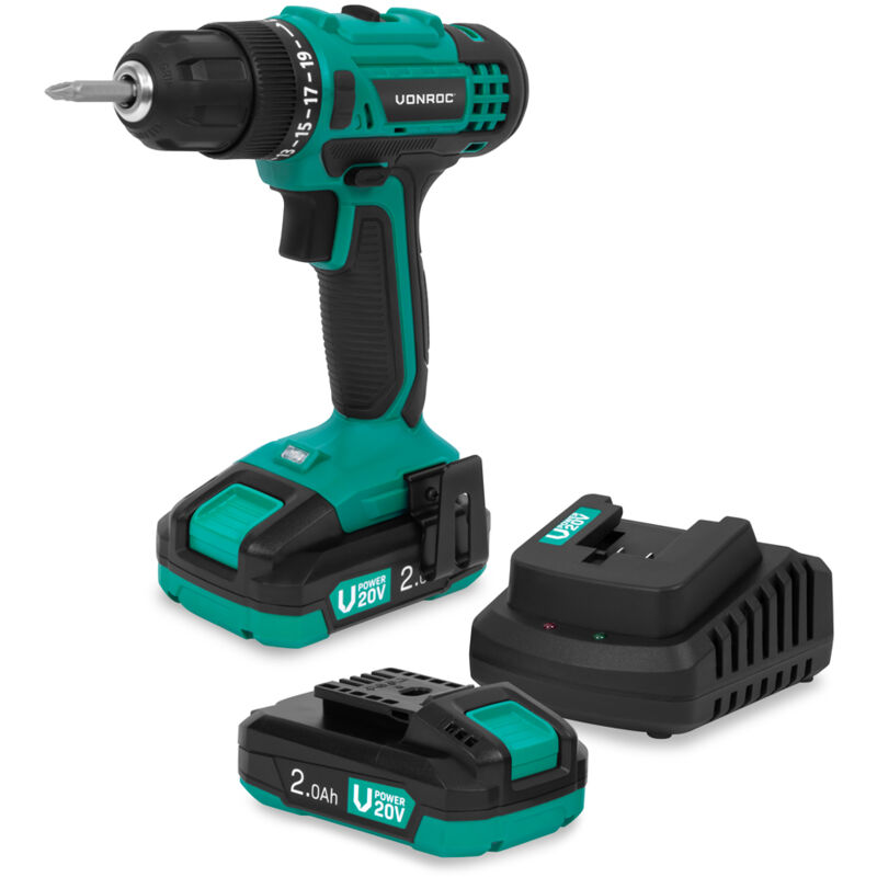 Perceuse sans fil 20V - 19 réglages de couple + mode de perçage - 2 embouts de vissage inclus - 2 batteries 2.0Ah et chargeur inclus - Vonroc
