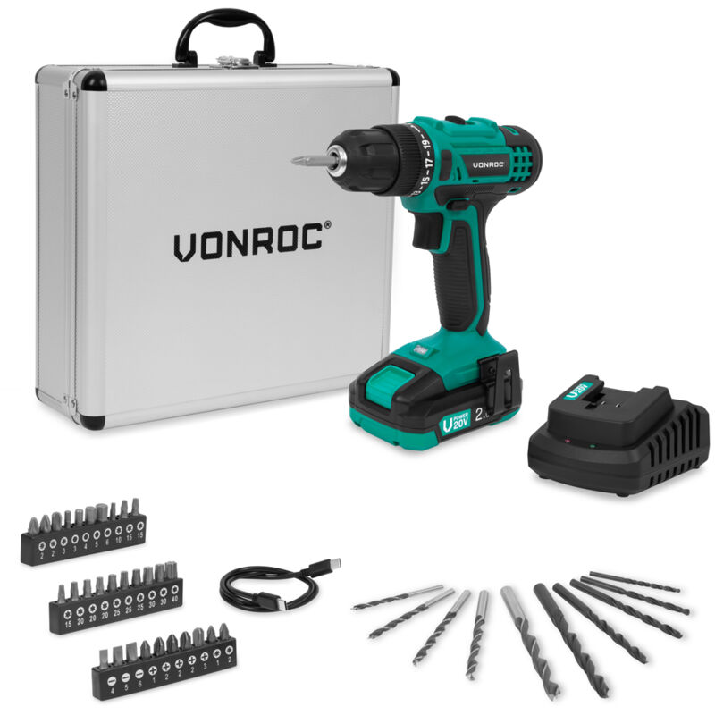 Perceuse sans fil 20V - 19 réglages + mode perçage - Batterie 2.0Ah, chargeur et 46 acces-soires inclus dans une mallette - Vonroc