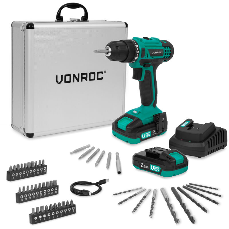 Perceuse sans fil 20V - 19 réglages + mode perçage - Comprend 2x 2.0Ah Battery, Chargeur, et 46 accessoires dans une mallette - Vonroc