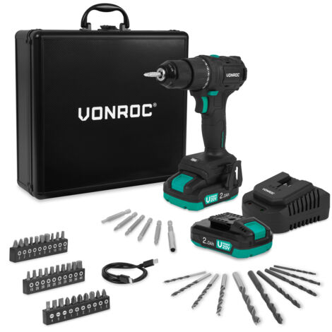 VONROC Perceuse sans fil 20V - avec 46 acc dans une mallette de rangement