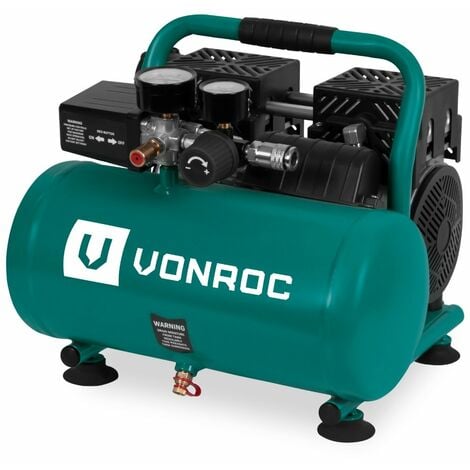 VONROC PRO Compresseur d'air silencieux - 750W – 1HP- 128 l/min. - Sans huile - Réservoir 6L - 8 bar - 57,5dB(A) - Silencieux - Vert