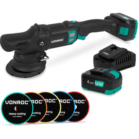 VONROC PRO Dual Polisseuse Action 20 V – Ø 125 mm  Avec 2 batteries 4,0 Ah, Chargeur Rapide et 5 disques de polissages