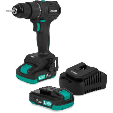 VONROC PRO Perceuse sans fil 20 V – Moteur sans balais – 40 Nm  Avec 2 batteries 2,0 Ah et chargeur