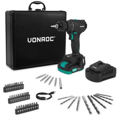 VONROC PRO Perceuse sans fil 20 V – Moteur sans balais – 40 Nm  Comprend une batterie 2,0 Ah, un char-geur et 46 accessoires dans un coffret