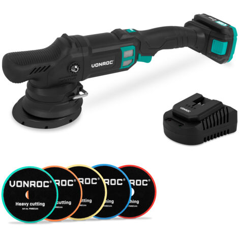 VONROC PRO Polisseuse à double action 20 V – Ø 125 mm  Avec batterie 2,0 Ah, Chargeur Rapide et 5 disques de polissage