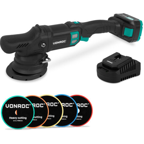 VONROC PRO Polisseuse à double action 20 V – Ø 125 mm  Avec batterie 4,0 Ah, Chargeur Rapide et 5 disques de polissage