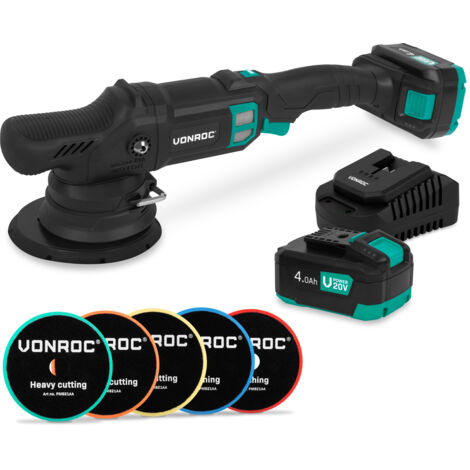 VONROC PRO Polisseuse à double action 20 V – Ø 150 mm  Avec 2 batteries 4,0 Ah, Chargeur Rapide et 5 disques de polissage