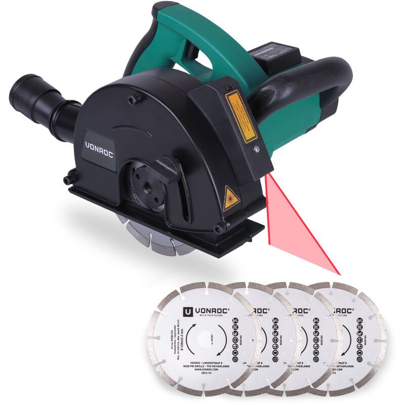 

VONROC Rozadora de pared con láser - 1700W - 150mm - Incluye 6 discos de diamante, adaptador para aspiradora y bolsa de almacenamiento