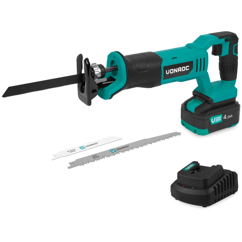 VONROC Scie à guichet sans fil 20V - 3 lames de scie incluses - Batterie 4.0Ah et chargeur inclus