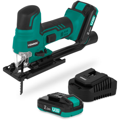 VONROC Scie sauteuse sans fil 20 V – Poignée ergonomique  Avec 2 batteries 2,0 Ah et chargeur rapide
