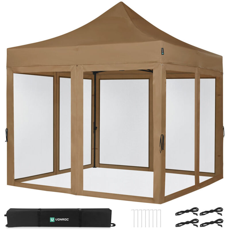 Tente de réception - 3x3 m - Premium Easy-Up Tente de réception Set incl. parois latérales en moustiquaire – Beige - Vonroc