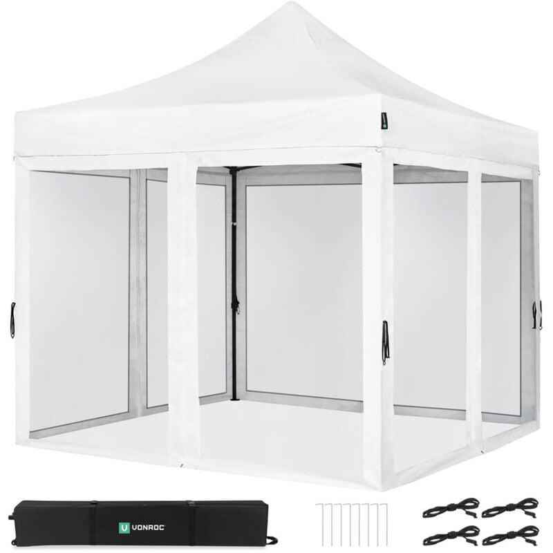 Tente de réception - 3x3 m - Premium Easy-Up Tente de réception Set incl. parois latérales en moustiquaire – Blanche - Vonroc