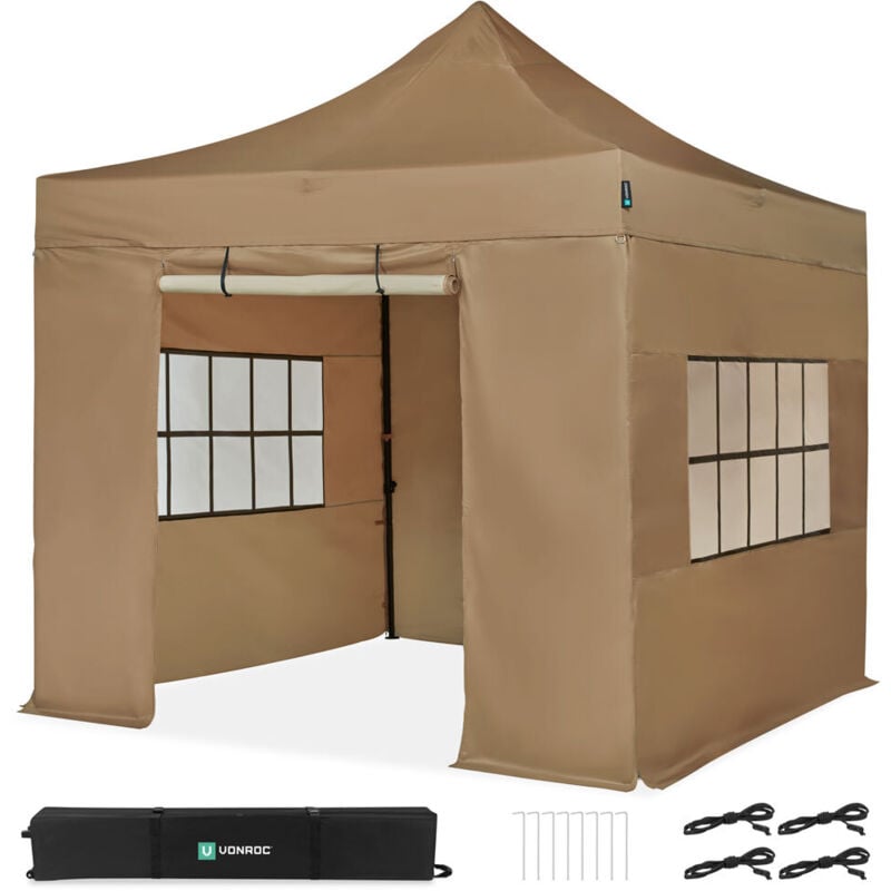 Tente de réception Premium Easy-Up - 3x3 m Ensemble incl. parois latérales - Beige - Vonroc
