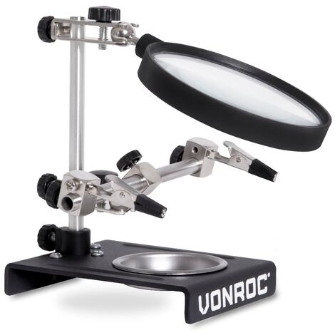 VONROC Third hand with magnifying glass - Incl. 2 adjustable arms, heavy foot and collection tray