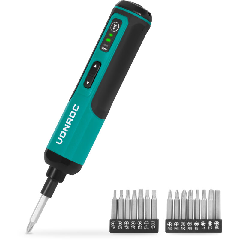 VONROC Tournevis sans fil 4V Incl. set de 15 embouts et câble USB-C