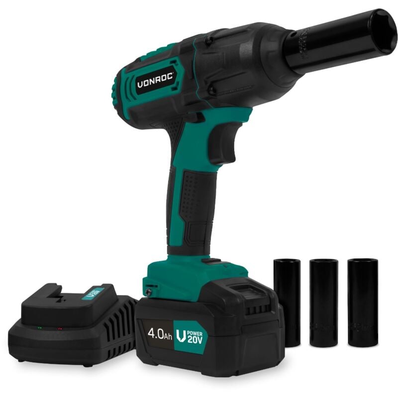 Clé à chocs sans fil 20V - 4 positions : 100/200/300/400Nm - 4 douilles - Batterie 4.0Ah et chargeur - Vonroc