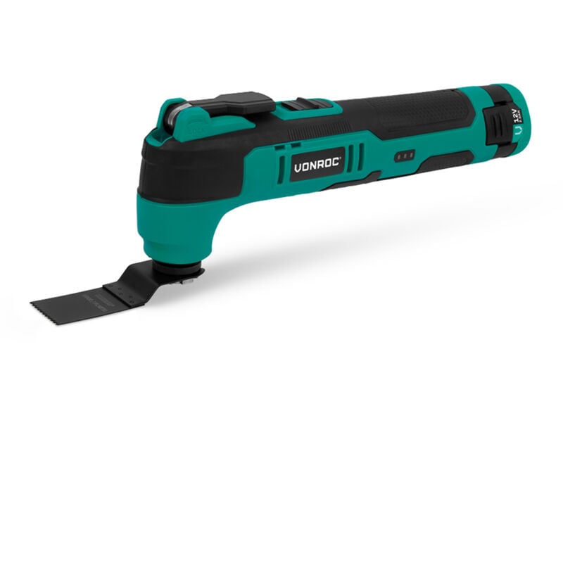 VONROC Multitool sans fil 12V - avec lame de raclage, scie plongeante, patin de ponçage et papier abrasif - Batterie et câble usb inclus