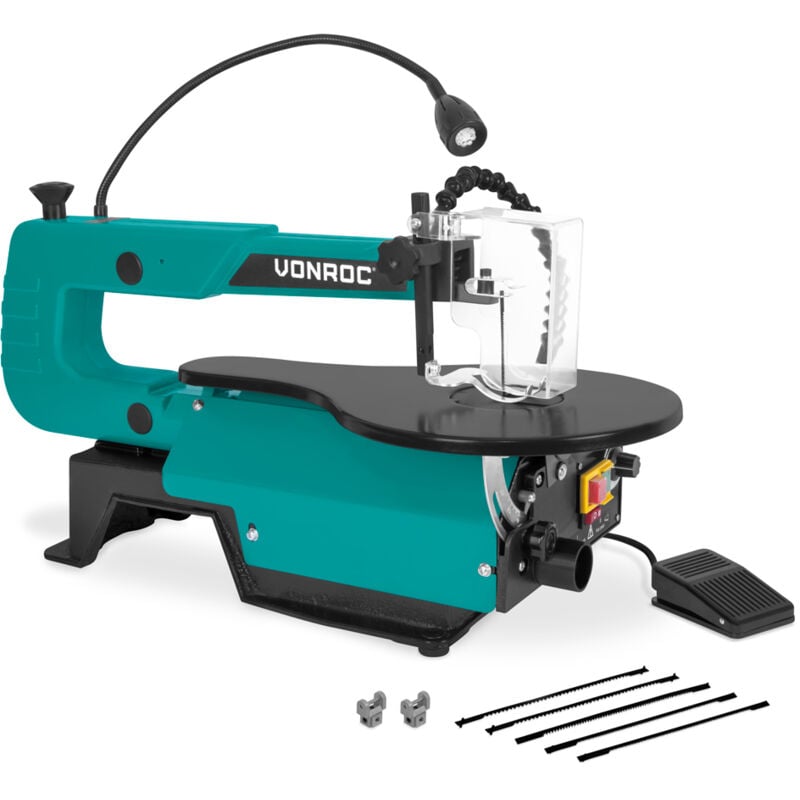 Vonroc - Scie à chantourner 120W - 6 lames de scie incluses - avec pédale - éclairage de travail led - tuyau de soufflage de poussière flexible -