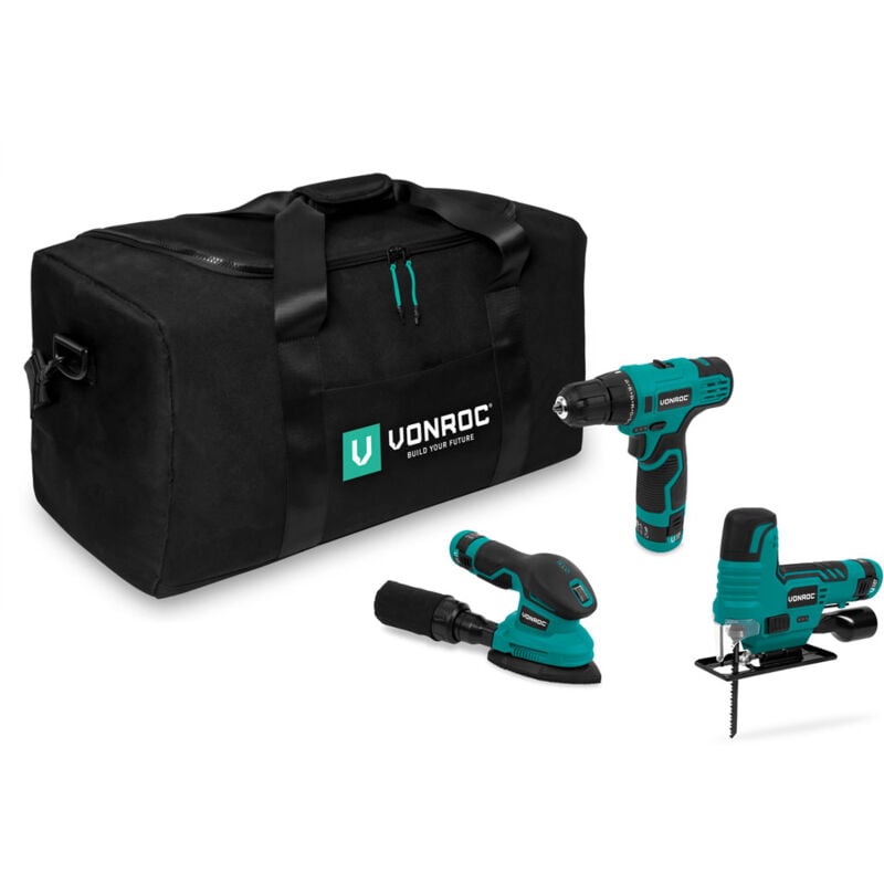 Vonroc - Set d'outils 12V - Incluant 3 machines, 3 batteries et un sac à outils