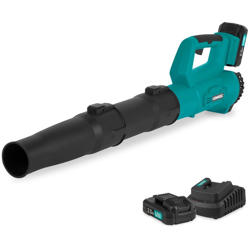 Vonroc - Souffleur de feuilles sans fil 20V - Design axial - Vitesse d'air 129 km/u - Volume d'air 7m3/min - 2x 2.0Ah batteries et chargeur inclus