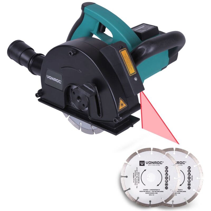 Vonroc - Power Wall Chaser with Laser - 1700W - 150mm - Including 4 Diamond Discs - Incl. Vacuum Cleaner Adapter and Storage Bag