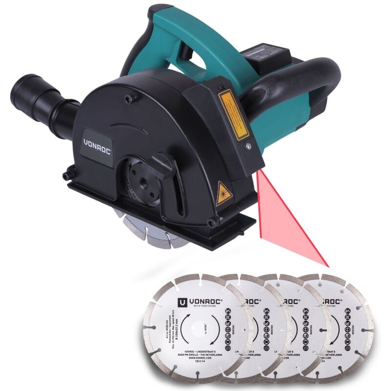 Wall chaser with laser - 1700W - 150mm - Including 6 diamond discs, vacuum cleaner adapter and storage bag - Vonroc