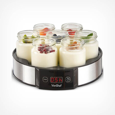 VonShef Digital Yoghurt Maker with 7 Jars – Electric, Compact, Stainless Steel Machine with LED Display & Timer, 180ml Glass Containers / Yoghurt Pots - For Making Fresh, Healthy Homemade Desserts