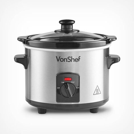 VonShef Slow Cooker 1.5L with Easy Clean Removable Oven to Table Dish, Glass Lid & 3 Heat Settings- High/Low Power Mode & Keep Warm Function- For Soups, Stews, Casseroles & Curries- Stainless Steel