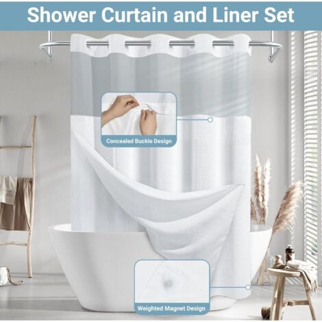Vorgehängter, weißer Duschvorhang aus Waffelgewebe mit transparentem Fenster und Clip-on-Futter (180,3 x 190 cm (B x L))