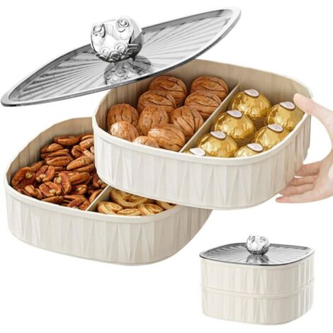 Vorratsdose, Snackbox mit Deckel, Serviertablett mit Deckel und Fächern, Snackteller mit 4 Fächern, Snackschale für Nüsse, Süßigkeiten und Gewürze