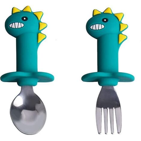 Vorschul-Dinosaurier-Silikon-Gabel- und Löffelset (kurze grüne Ausführung), Baby-Selbstbedienungs-Essgeschirr-Set