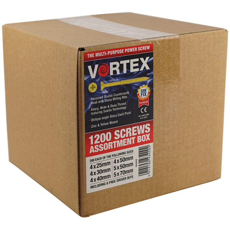 Vortex Multi-Purpose Woodscrews ZYP CE - 1200 Pce - Brown Assorted Sizes