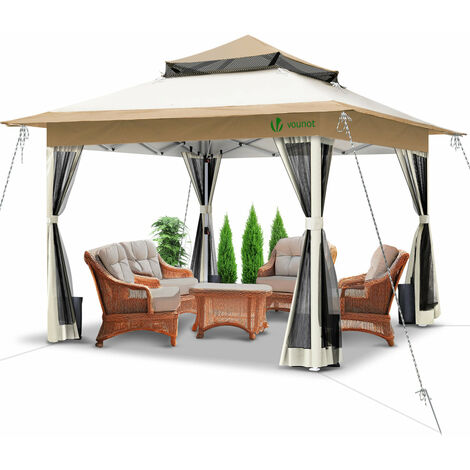 VOUNOT 3.6x3.6m Pop Up Gazebo with Mesh Side Double Roof Marquee Party Tent, Beige