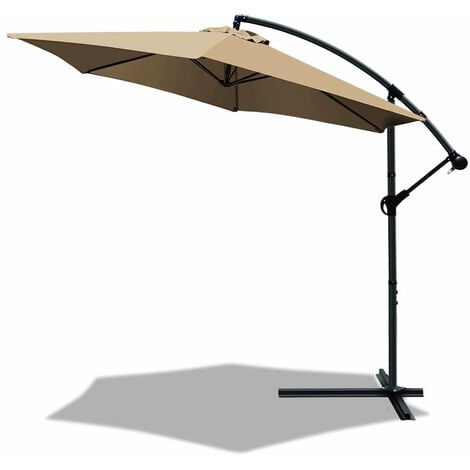 VOUNOT 3m Cantilever Garden Parasol, Banana Patio Umbrella with Crank Handle and Tilt, Khaki