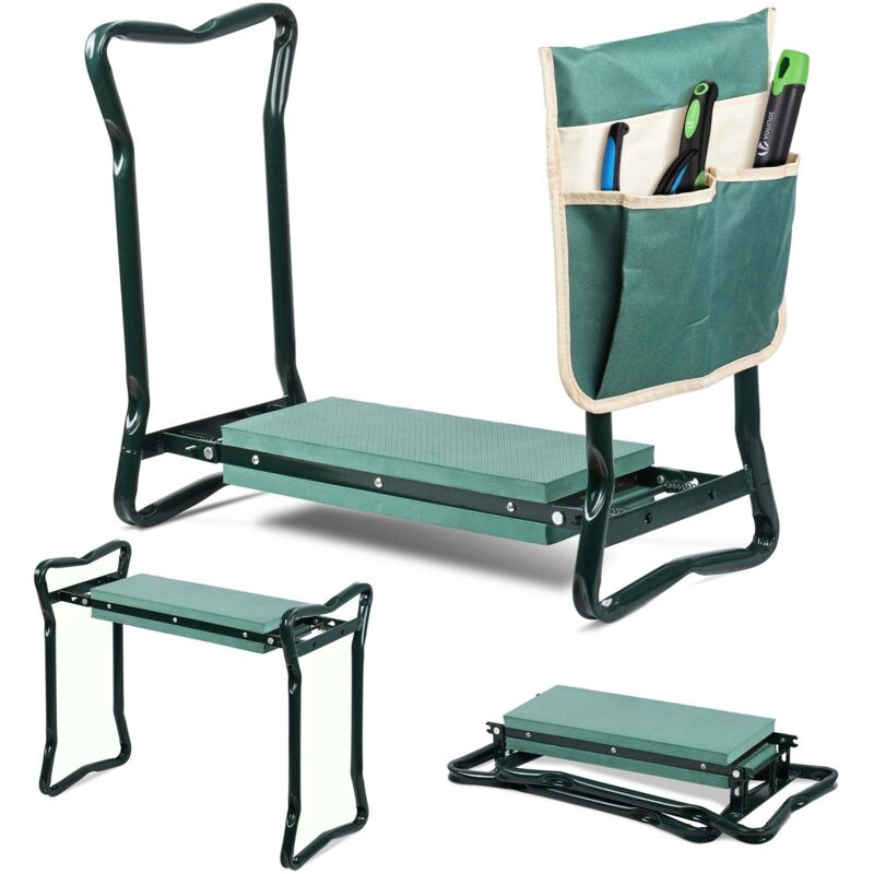VOUNOT® Agenouilloir tabouret de jardin 2 en 1 pliable - Banc de jardinage avec pochette de rangement et coussin EVA vert
