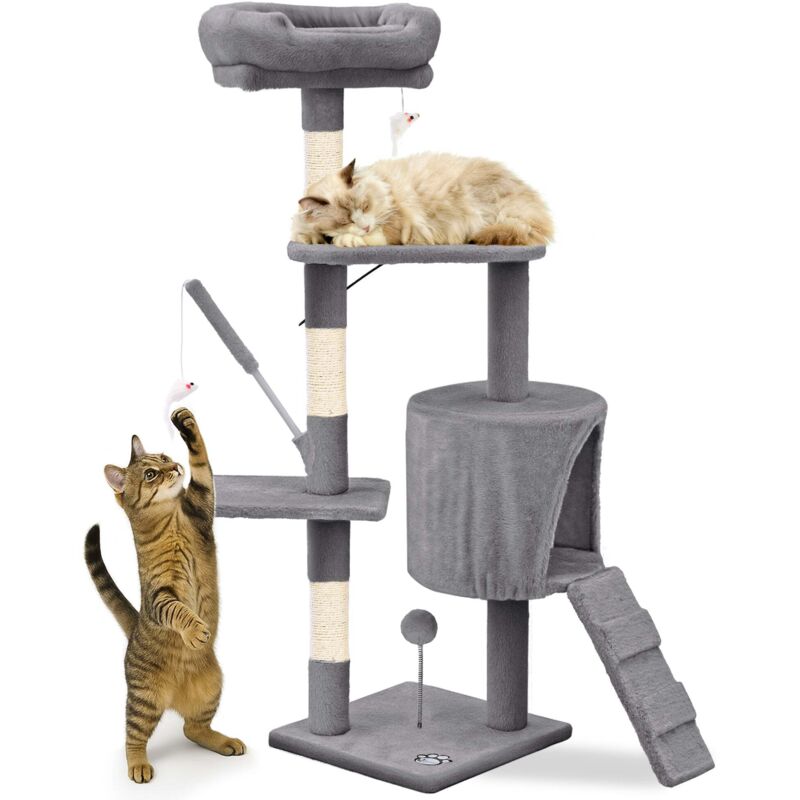 VOUNOT® Arbre à chat 112cm multi niveaux gris - avec griffoir, niche, jouet et plateforme - arbre à grimper