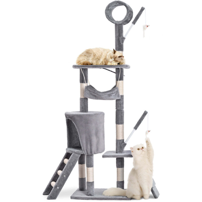 VOUNOT® Arbre à chat 155cm multi niveaux gris - avec griffoir, niche, jouet et plateforme - arbre à grimper