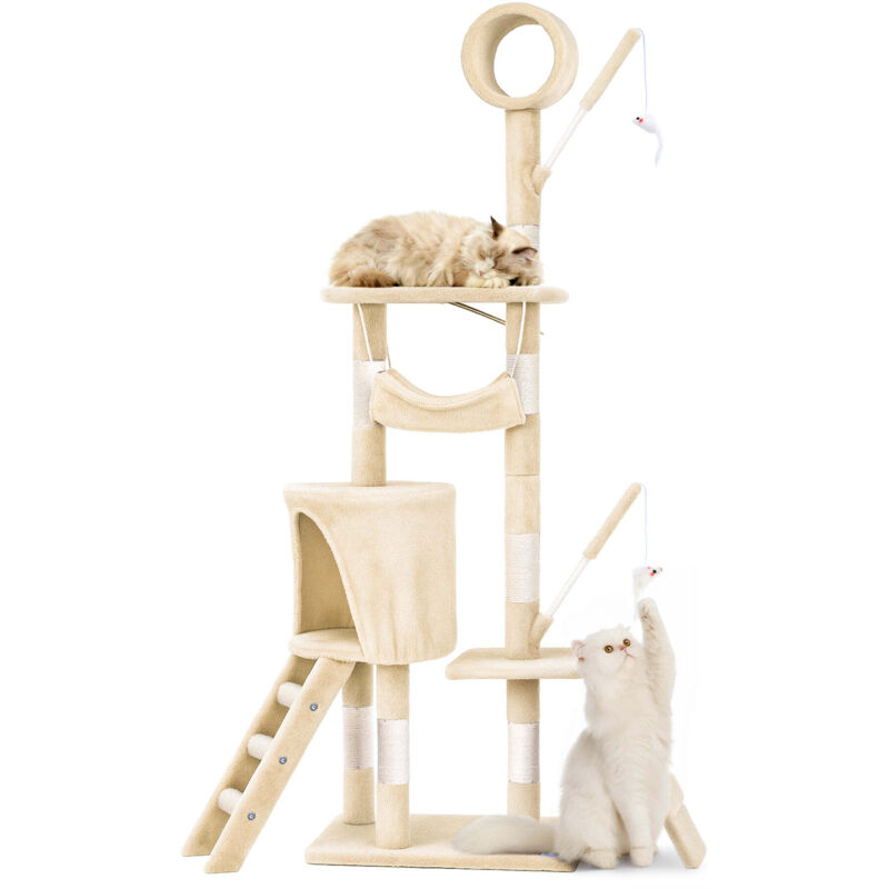VOUNOT® Arbre à chat 155cm multi niveaux beige - avec griffoir, niche, jouet et plateforme - arbre à grimper