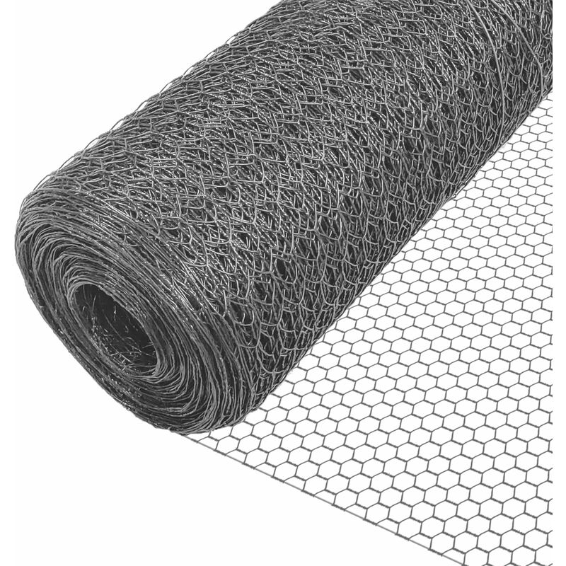 Chicken Wire Mesh, Metal Animal Fence, 25mm Holes, 1m x 25m, PVC Coated Grey - Vounot