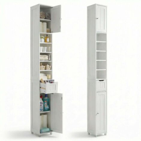 Vounot – Colonne de salle de bain 20x20x180cm – Meuble rangement avec 5 étagères réglables, 1 tiroir, 2 armoires – MDF blanc imperméable